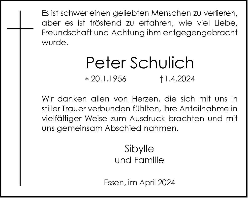  Traueranzeige für Peter Schulich vom 20.04.2024 aus Tageszeitung