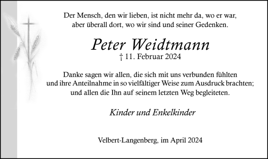Traueranzeige von Peter Weidtmann von Tageszeitung
