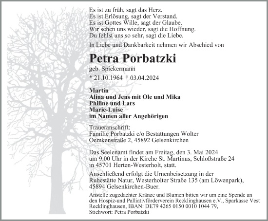 Traueranzeige von Petra Porbatzki von Tageszeitung