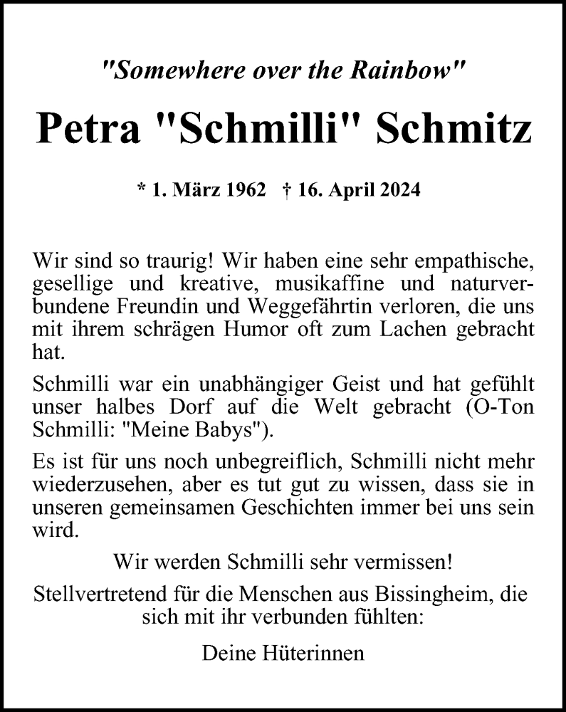  Traueranzeige für Petra  Schmitz vom 27.04.2024 aus Tageszeitung