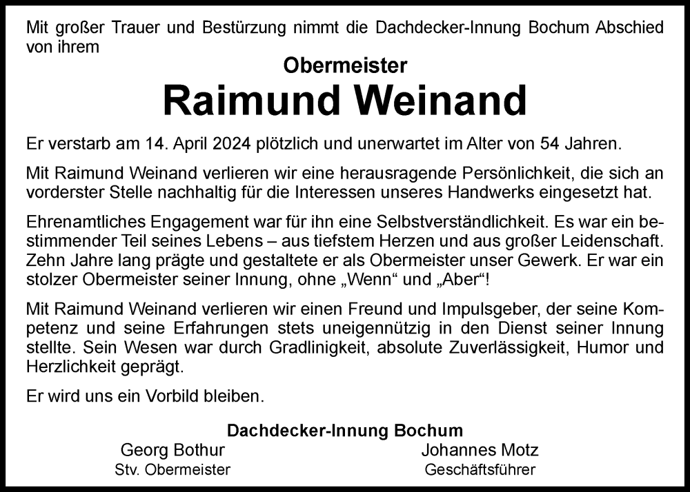  Traueranzeige für Raimund Weinand vom 20.04.2024 aus Tageszeitung