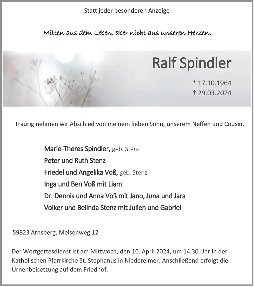  Traueranzeige für Ralf Spindler vom 06.04.2024 aus Tageszeitung