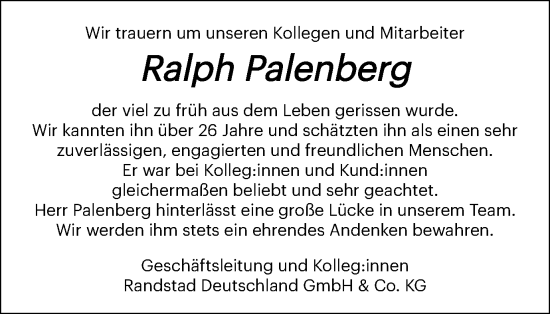 Traueranzeige von Ralph Palenberg von Tageszeitung