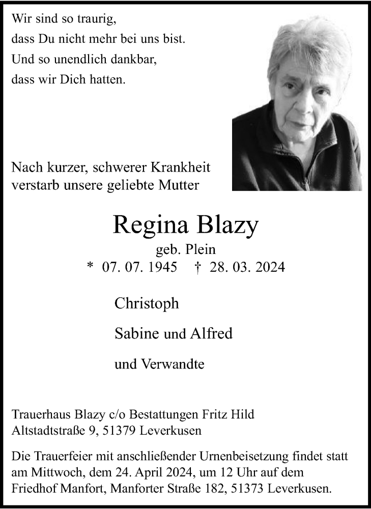  Traueranzeige für Regina Blazy vom 20.04.2024 aus Tageszeitung