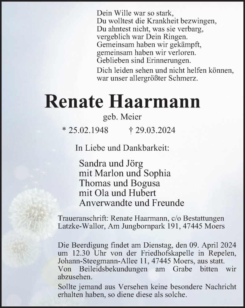  Traueranzeige für Renate Haarmann vom 03.04.2024 aus Tageszeitung