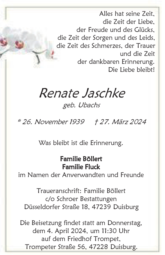 Traueranzeige von Renate Jaschke von Tageszeitung