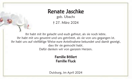 Traueranzeige von Renate Jaschke von Tageszeitung