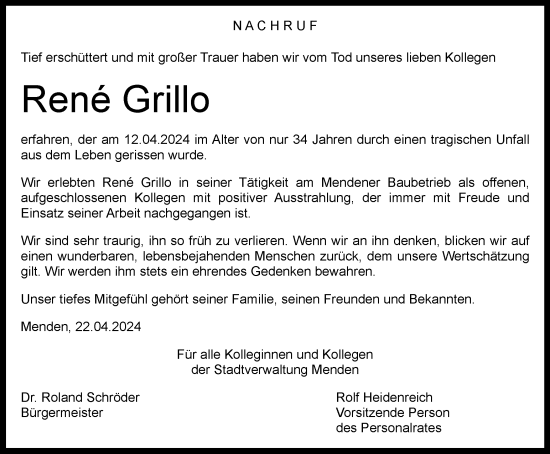 Traueranzeige von Rene Grillo von Tageszeitung