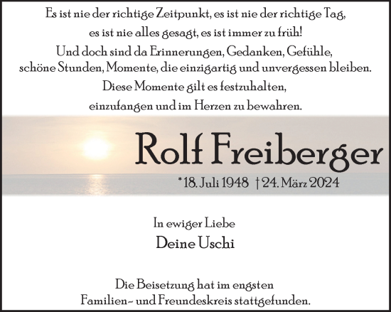 Traueranzeige von Rolf Freiberger von Tageszeitung