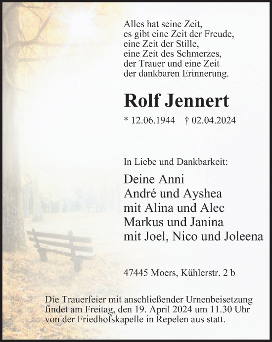 Traueranzeige von Rolf Jennert von Tageszeitung