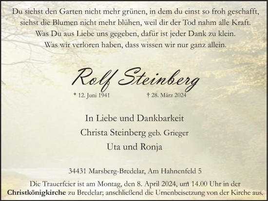 Traueranzeige von Rolf Steinberg von Tageszeitung