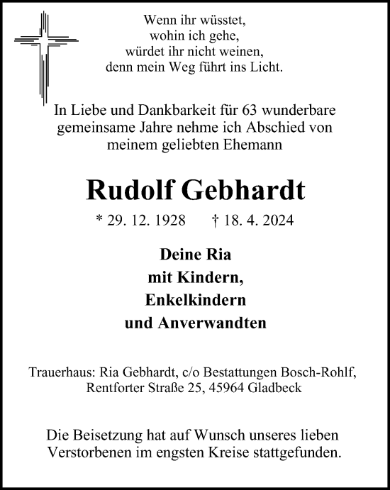 Traueranzeige von Rudolf Gebhardt von Tageszeitung