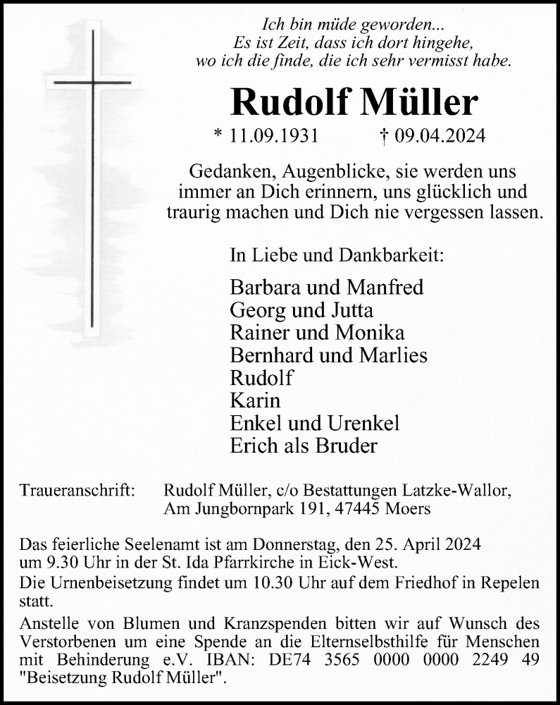  Traueranzeige für Rudolf Müller vom 13.04.2024 aus Tageszeitung