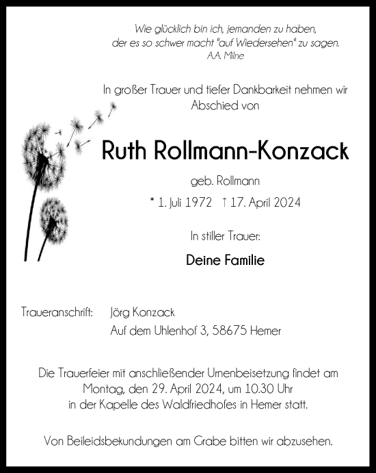 Traueranzeige von Ruth Rollmann-Konzack von Tageszeitung