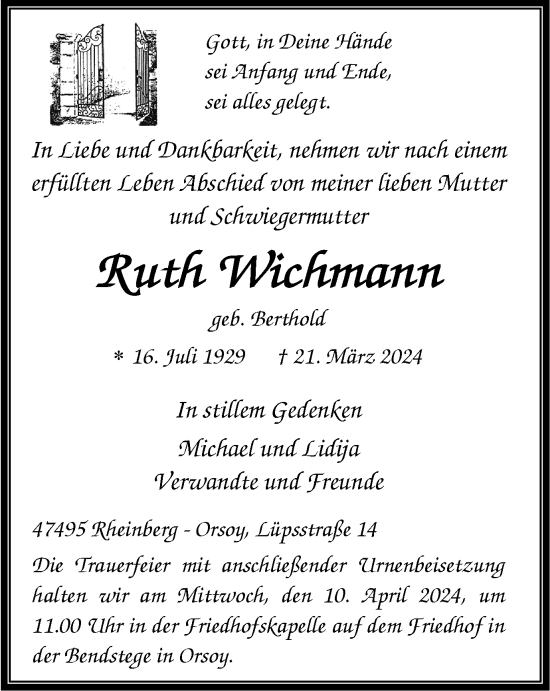 Traueranzeige von Ruth Wichmann von Tageszeitung