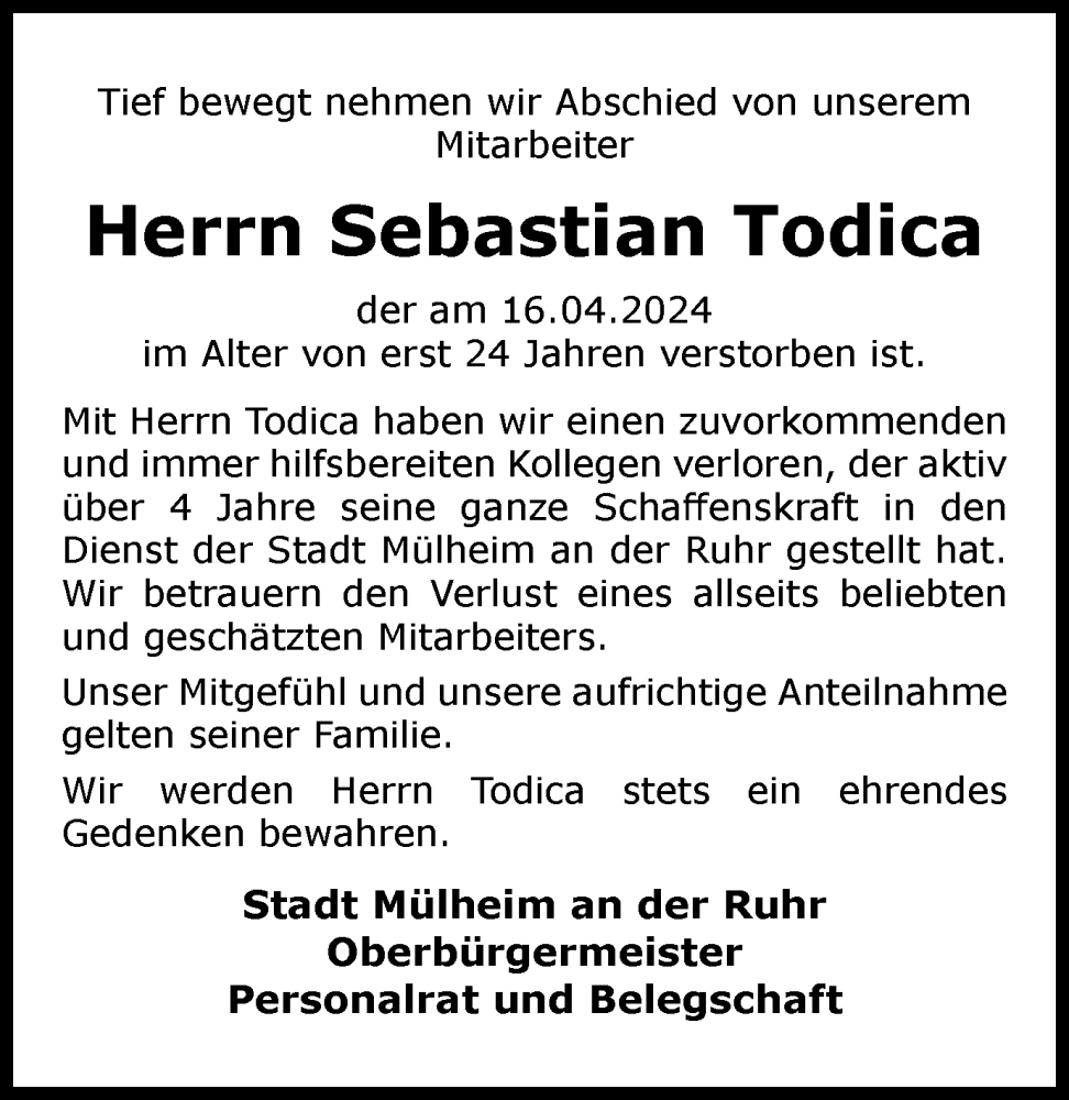  Traueranzeige für Sebastian Todica vom 27.04.2024 aus Tageszeitung