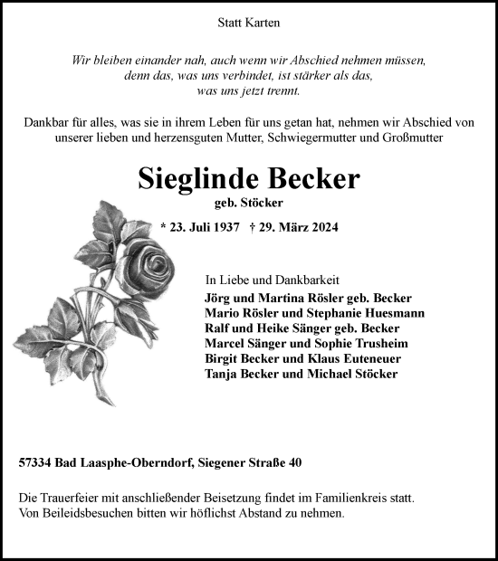 Traueranzeige von Sieglinde Becker von Tageszeitung