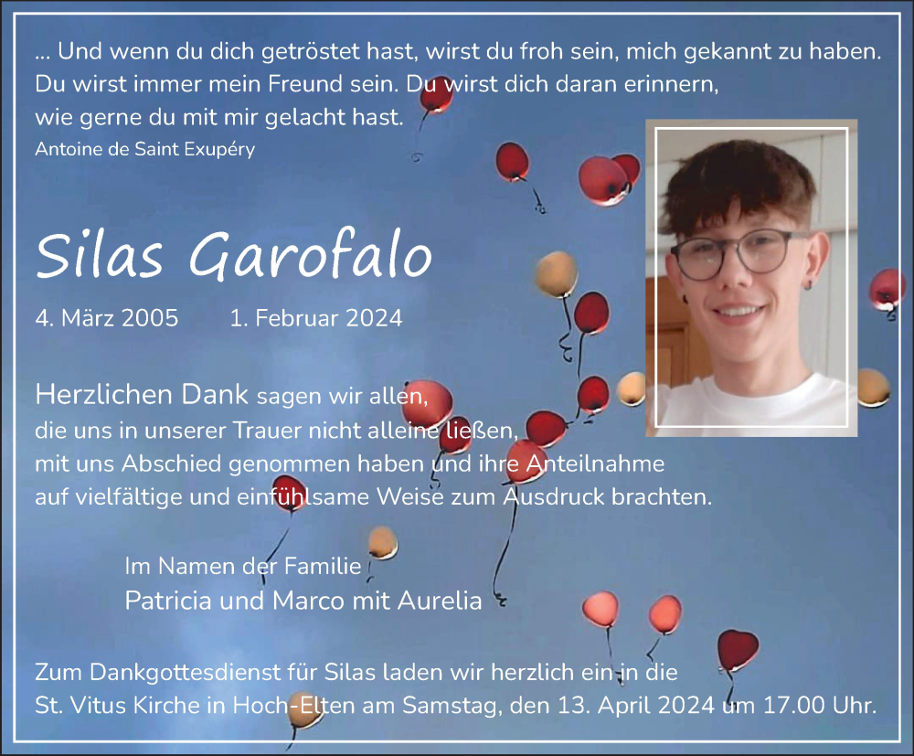  Traueranzeige für Silas Garofalo vom 06.04.2024 aus Tageszeitung