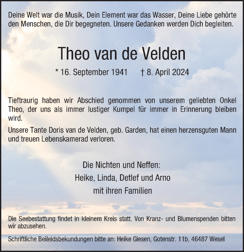  Traueranzeige für Theo van de Velden vom 27.04.2024 aus Tageszeitung