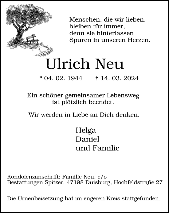 Traueranzeige von Ulrich Neu von Tageszeitung