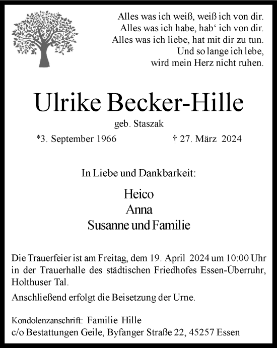 Traueranzeige von Ulrike Becker-Hille von Tageszeitung