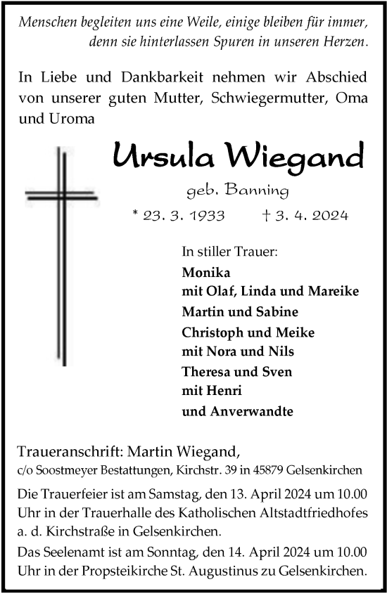 Traueranzeige von Ursula Wiegand von Tageszeitung