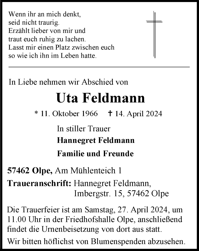  Traueranzeige für Uta Feldmann vom 20.04.2024 aus Tageszeitung