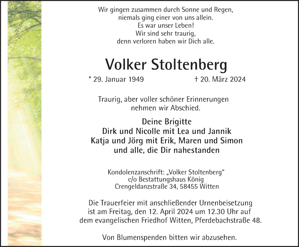  Traueranzeige für Volker Stoltenberg vom 06.04.2024 aus Tageszeitung
