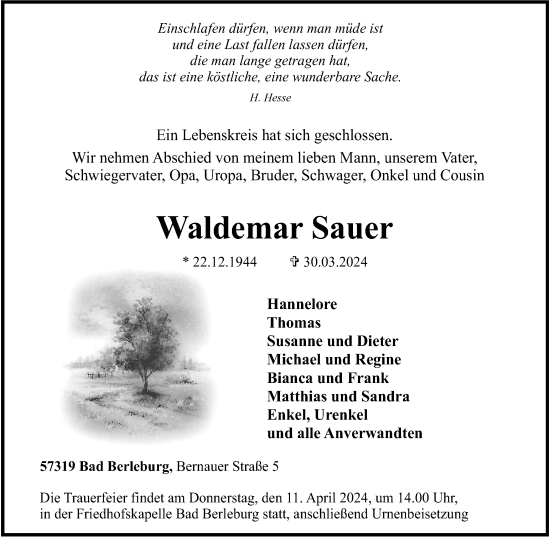 Traueranzeige von Waldemar Sauer von Tageszeitung