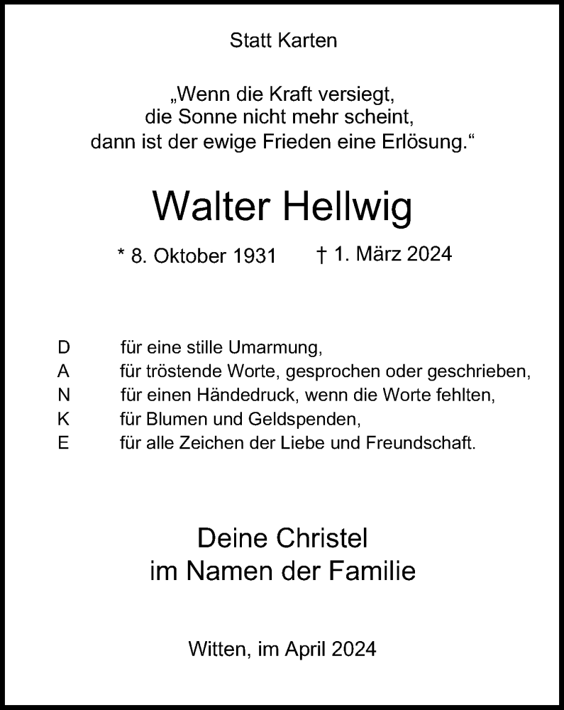  Traueranzeige für Walter Hellwig vom 06.04.2024 aus Tageszeitung