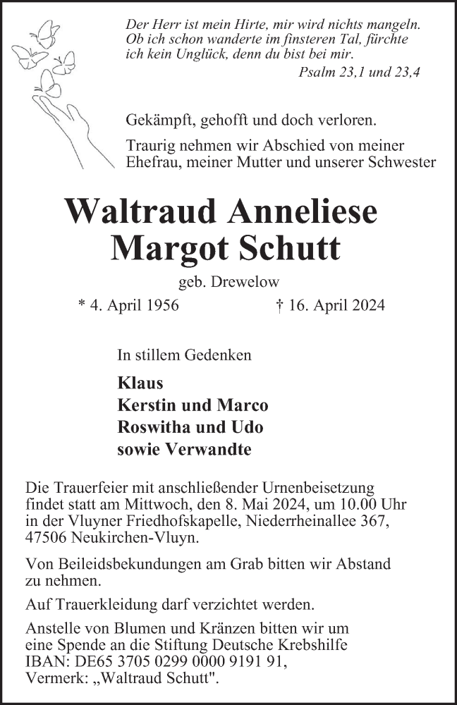  Traueranzeige für Waltraud Anneliese Margot Schutt vom 26.04.2024 aus Tageszeitung