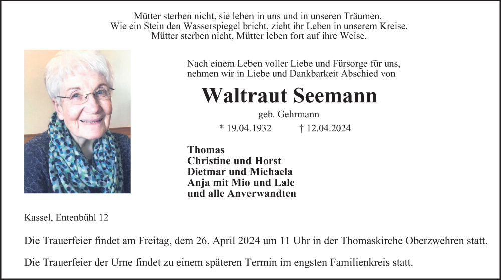  Traueranzeige für Waltraut Seemann vom 20.04.2024 aus Tageszeitung