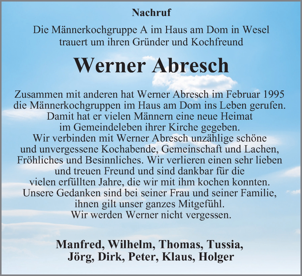  Traueranzeige für Werner Abresch vom 13.04.2024 aus Tageszeitung