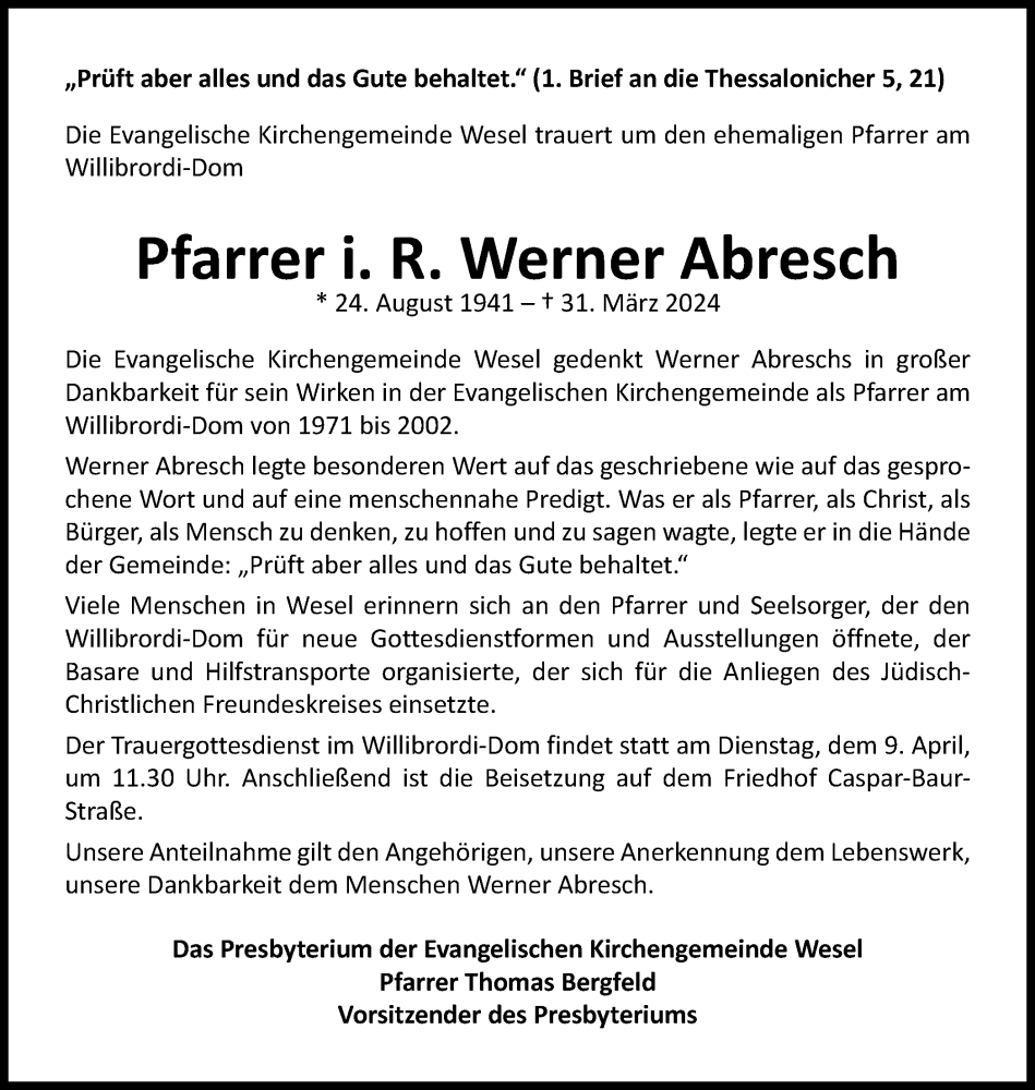  Traueranzeige für Werner Abresch vom 06.04.2024 aus Tageszeitung