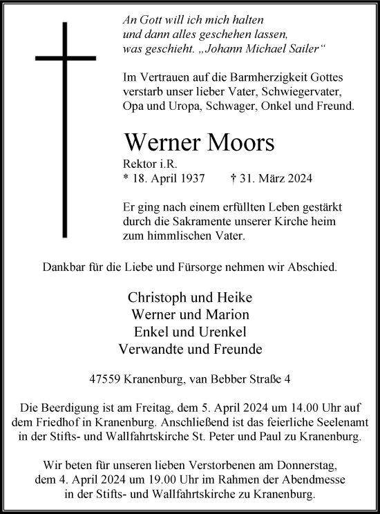 Traueranzeige von Werner Moors von Tageszeitung