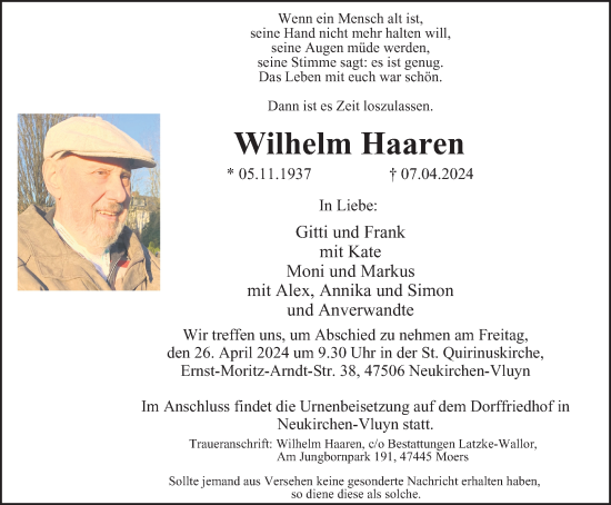Traueranzeige von Wilhelm Haaren von Tageszeitung