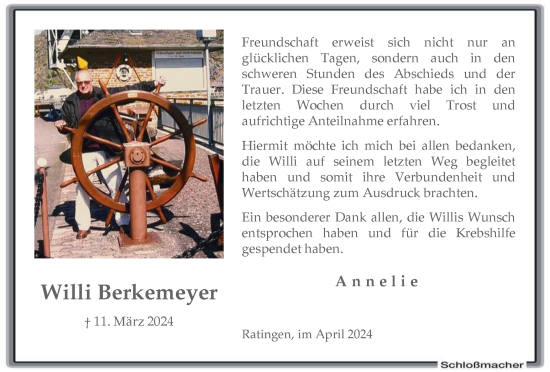 Traueranzeige von Willi Berkemeyer von Tageszeitung