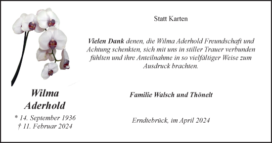 Traueranzeige von Wilma Aderhold von Tageszeitung