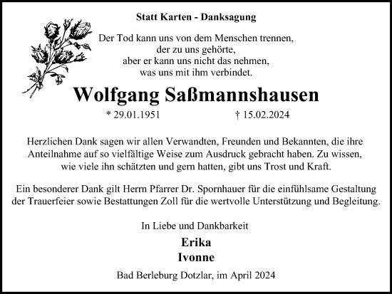 Traueranzeige von Wolfgang Saßmannshausen von Tageszeitung