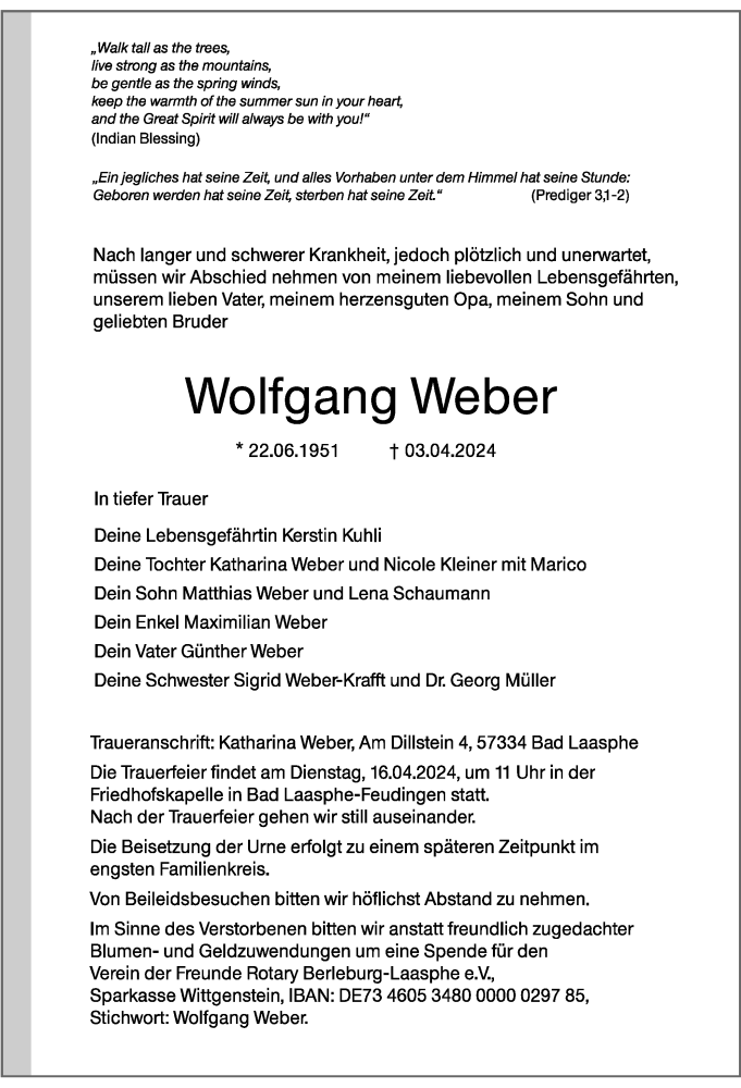  Traueranzeige für Wolfgang Weber vom 10.04.2024 aus Tageszeitung