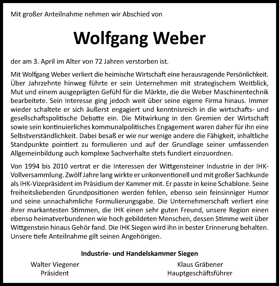  Traueranzeige für Wolfgang Weber vom 11.04.2024 aus Tageszeitung