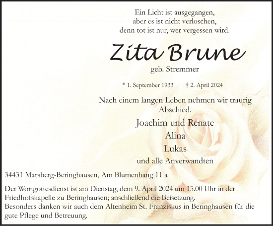 Traueranzeige von Zita Brune von Tageszeitung