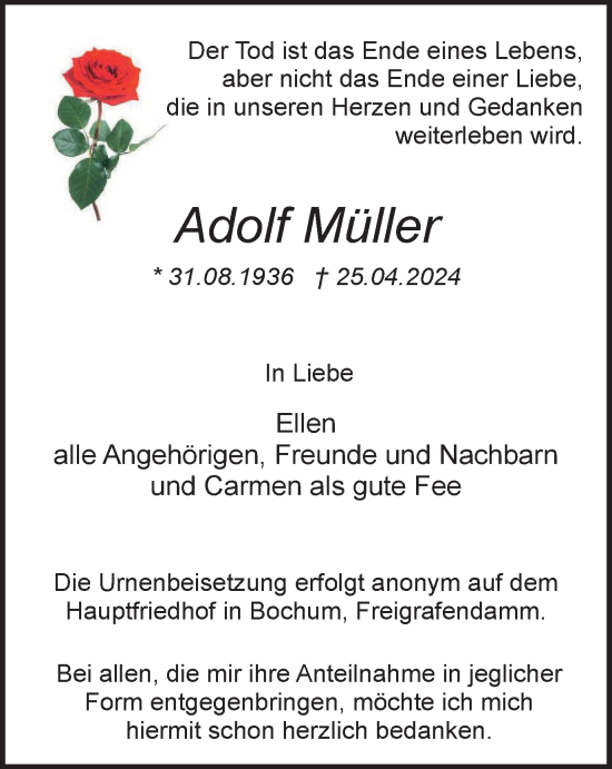 Traueranzeige von Adolf Müller von Tageszeitung