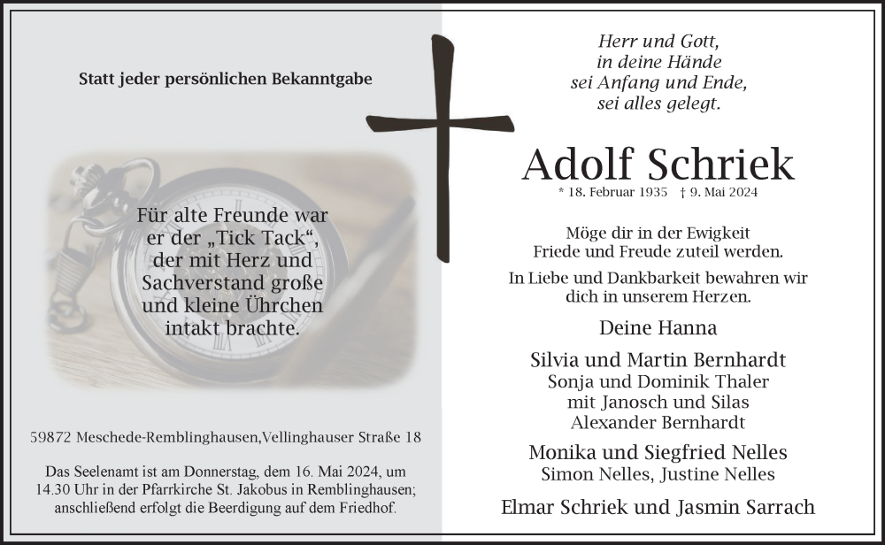 Traueranzeige für Adolf Schriek vom 15.05.2024 aus Tageszeitung