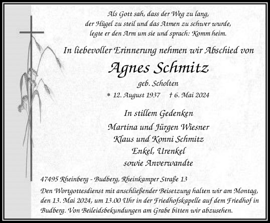 Traueranzeige von Agnes Schmitz von Tageszeitung