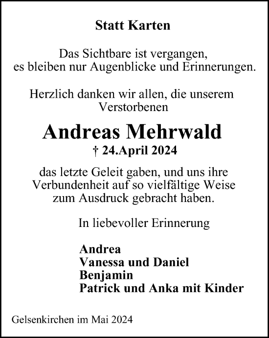 Traueranzeige von Andreas Mehrwald von Tageszeitung