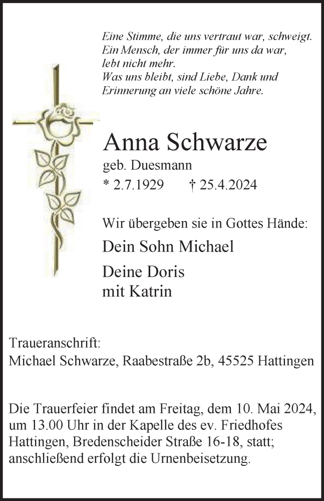  Traueranzeige für Anna Schwarze vom 04.05.2024 aus Tageszeitung