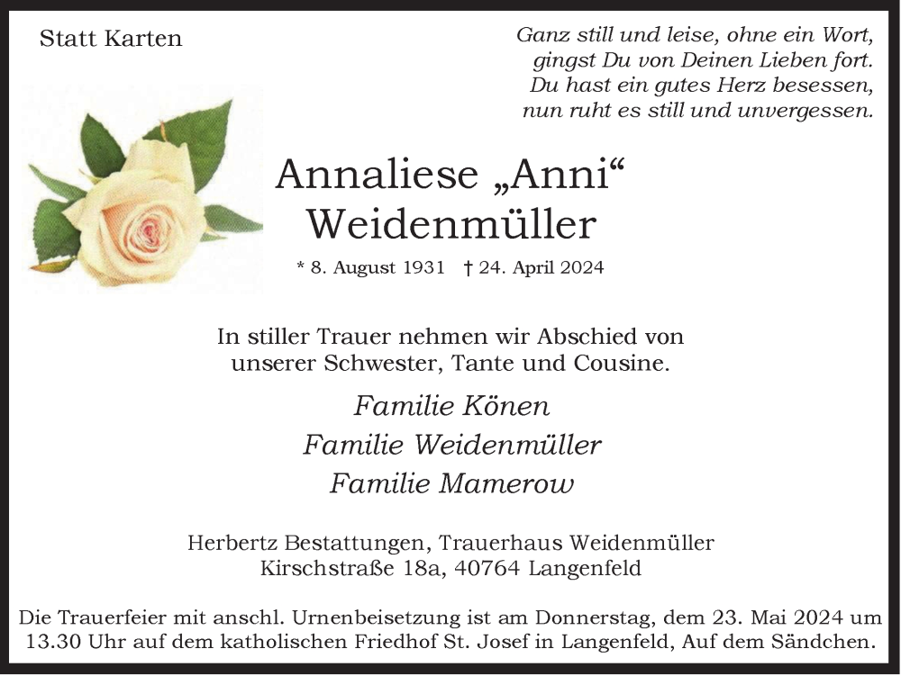  Traueranzeige für Annaliese Weidenmüller vom 18.05.2024 aus Tageszeitung