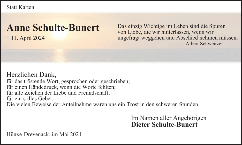  Traueranzeige für Anne Schulte-Bunert vom 25.05.2024 aus Tageszeitung