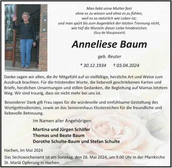 Traueranzeige von Anneliese Baum von Tageszeitung